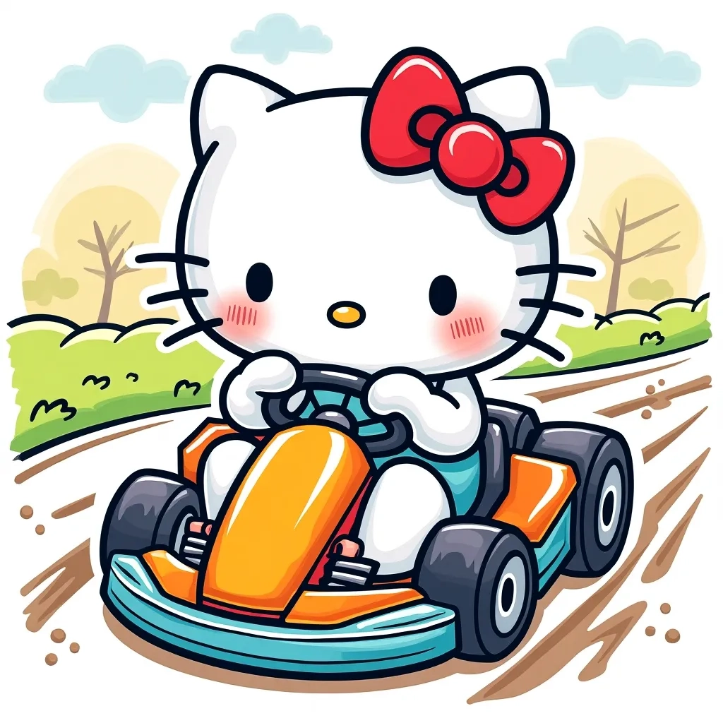 Coloring Page (colored): Hello Kitty At The Race Track - Show Hello Kitty in a go-kart racing on a winding track, with a colorful checkered flag and cheering friends in the background.