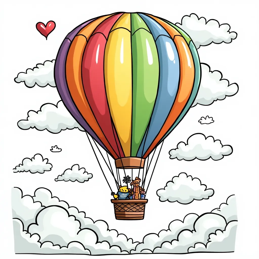 Coloring Page (colored): Fantasy Flight - A giant hot air balloon resembling a whimsical dragon, gracefully floating among the stars and moon during a clear night.