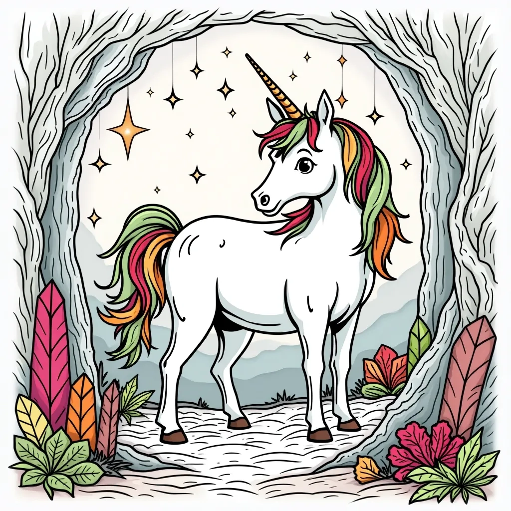 Coloring Page (colored): Unicorn and the Crystal Cave - A unicorn exploring a sparkling crystal cave, with colorful crystals of purple, blue, and green surrounding it, casting beautiful reflections on the unicorn's coat.