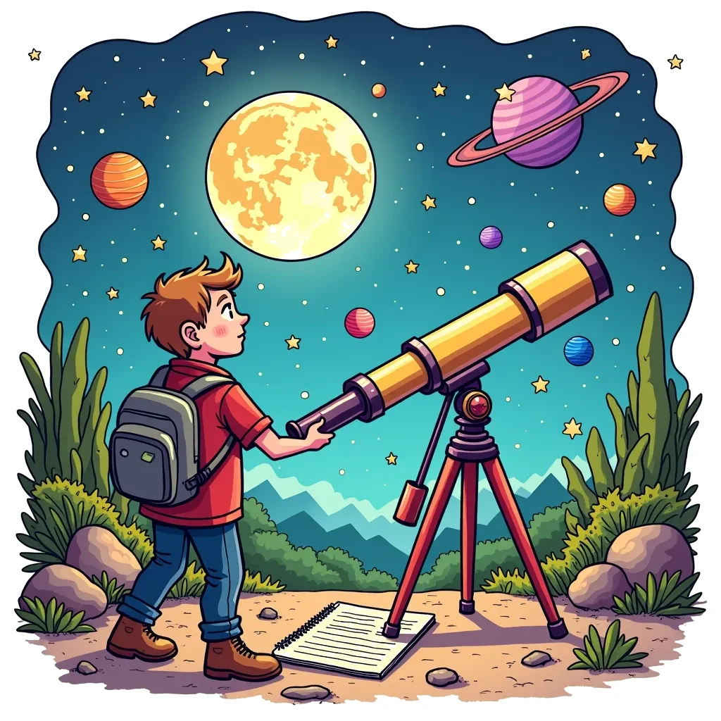 Coloring Page (colored): Astronomer Stargazing - An astronomer is looking through a telescope at the night sky filled with stars and planets, with a notebook and sketches of celestial bodies beside them. A large moon is visible in the background.