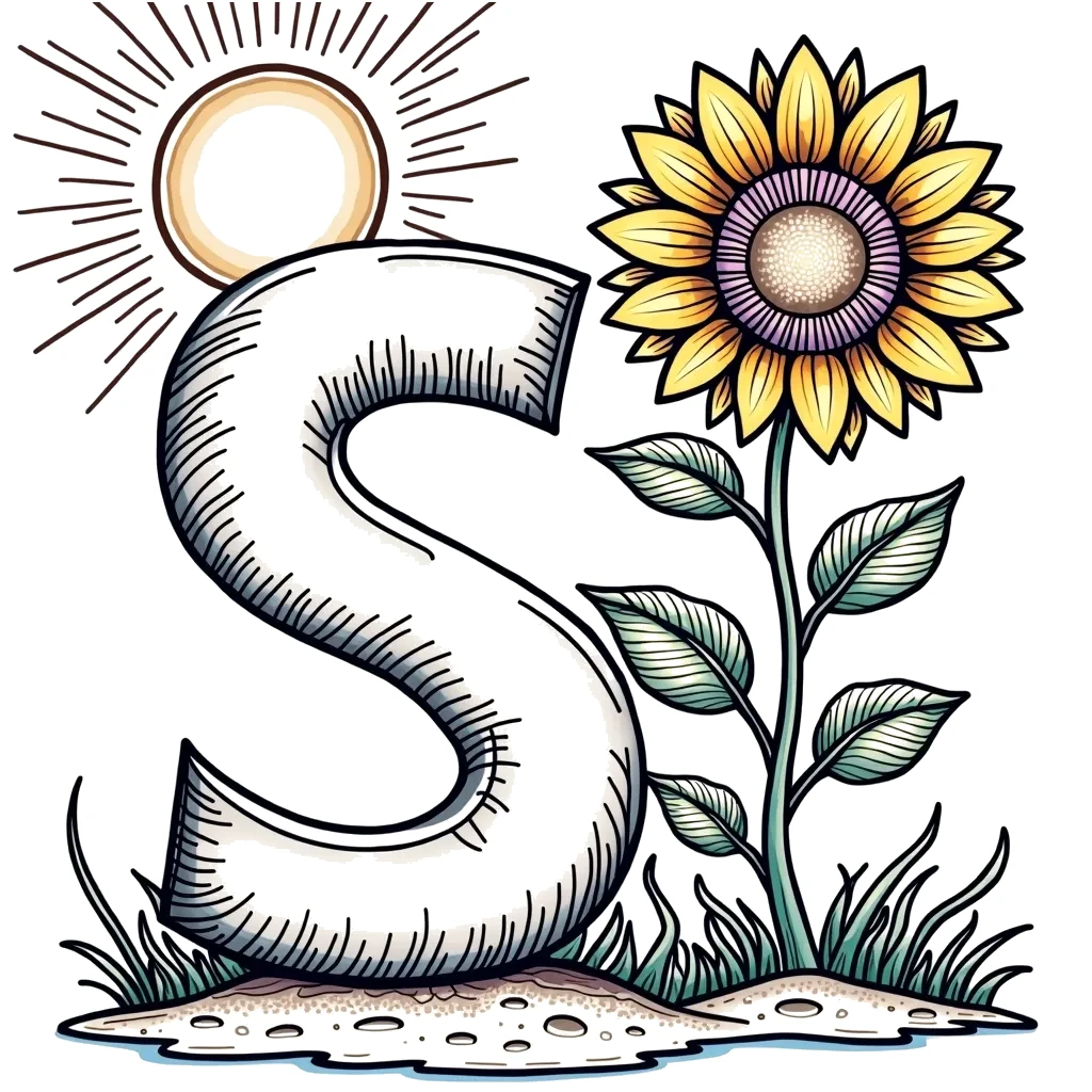 Coloring Page (colored): S is for Sunflower - A tall sunflower standing proudly next to the letter S, with a bright sun shining in the background.