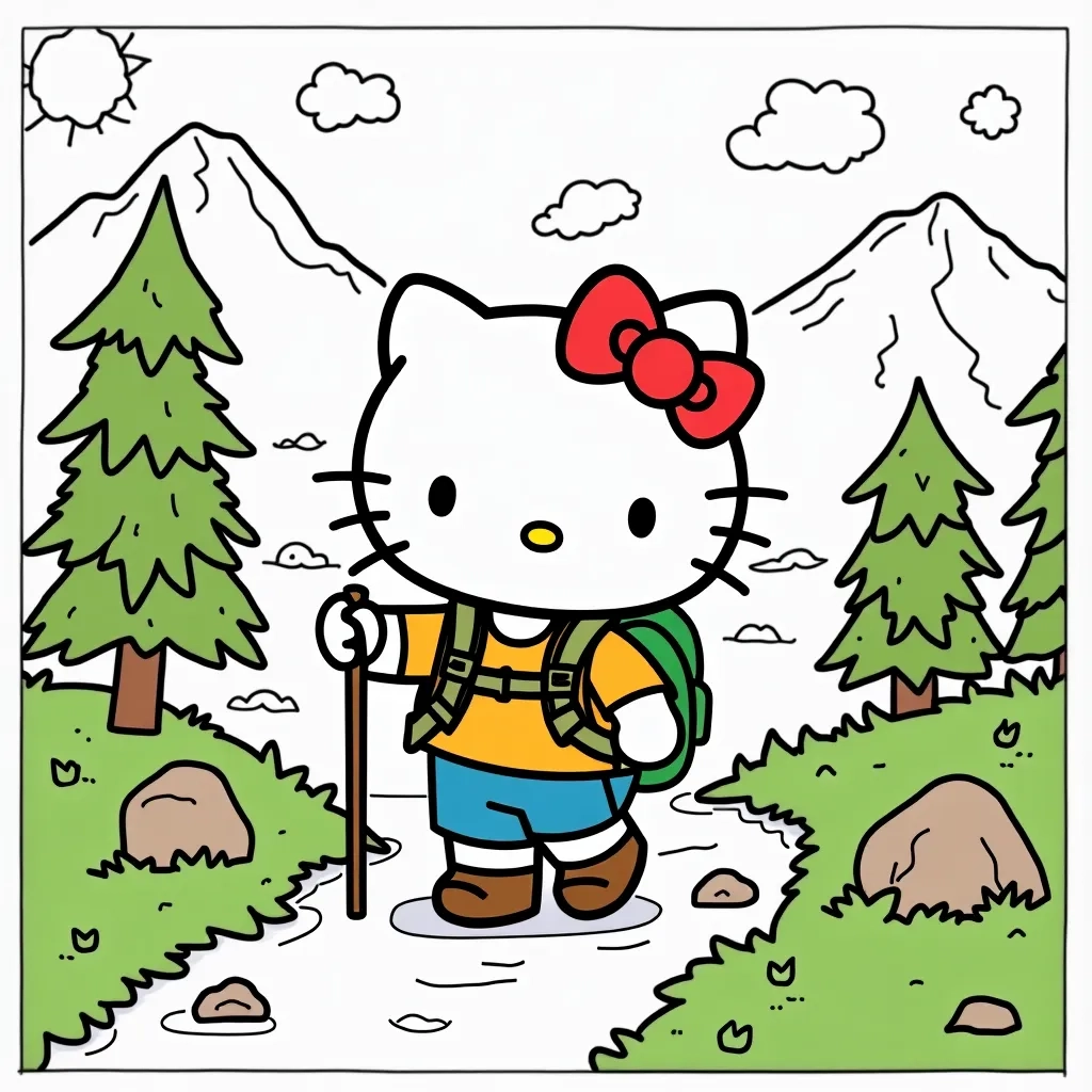 Coloring Page (colored): Hello Kitty Hiking - Depict Hello Kitty hiking a scenic trail on a bright sunny day, wearing a cute backpack and surrounded by lush green trees and bright flowers.