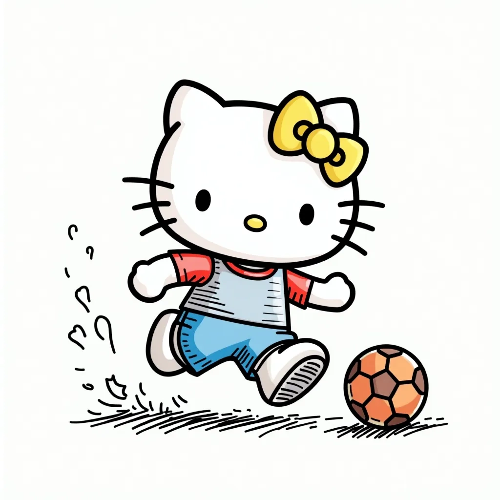 Coloring Page (colored): Hello Kitty Playing Soccer - Illustrate Hello Kitty dribbling a soccer ball on a vibrant green field, wearing a bright red jersey and cute cleats, surrounded by colorful flowers and cheering animal friends.