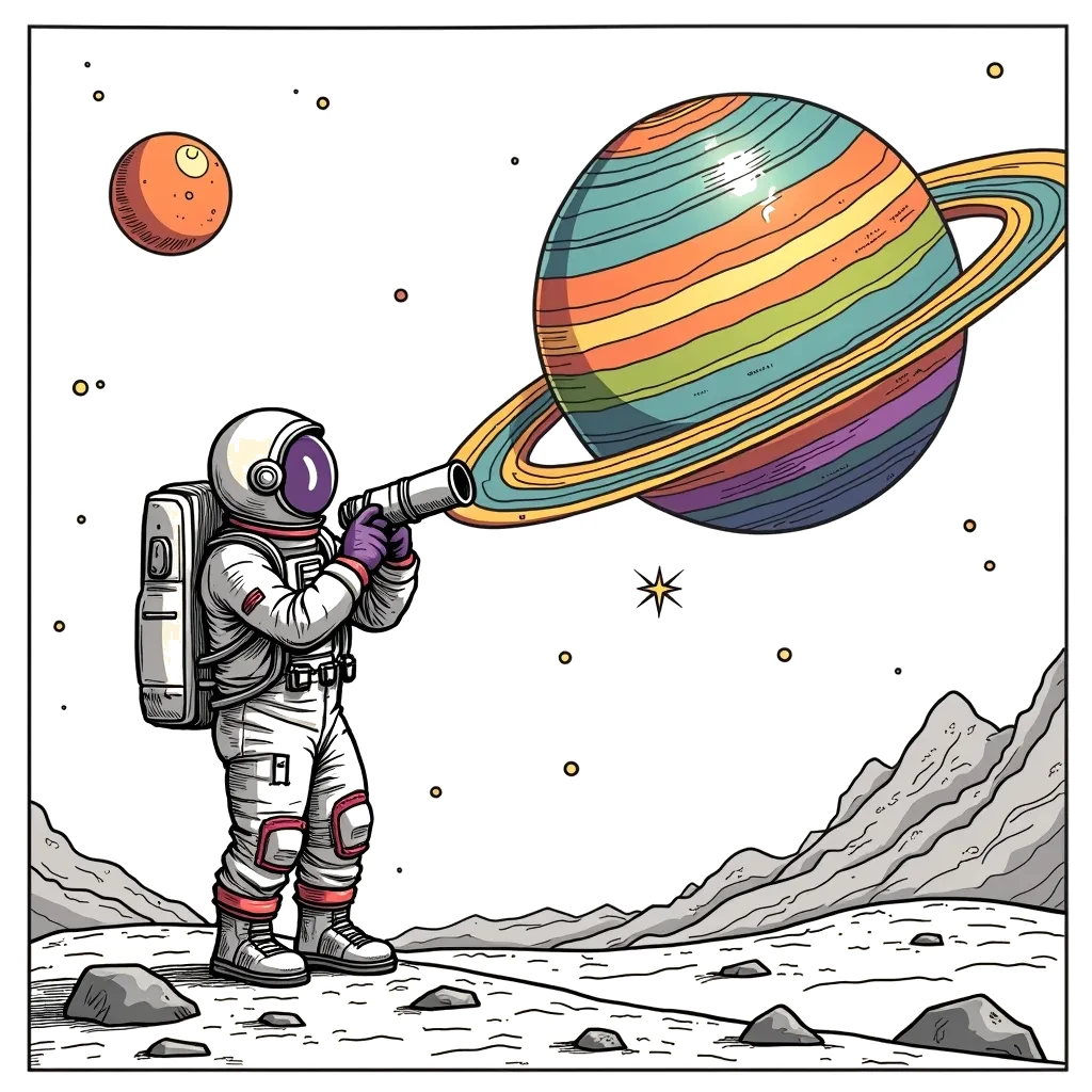 Coloring Page (colored): The Planet Observation - An astronaut standing on a tiny moon, gazing through a telescope at a giant, colorful planet with rings. The tranquility of space is reflected in the astronaut's focused expression.
