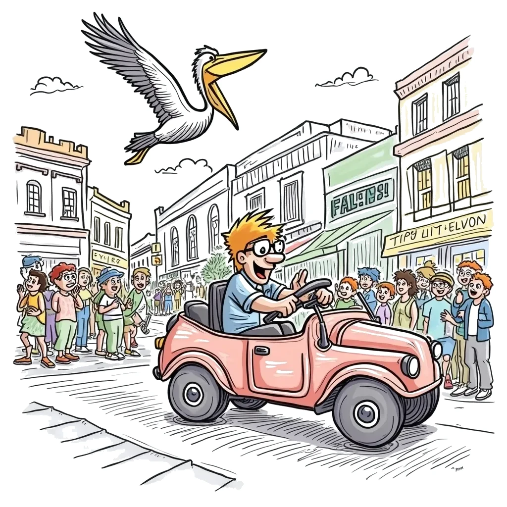 Coloring Page (colored): Pedal Cab Race - In a bustling city square, a pedal cab driver competes in a friendly race with a speedy pelican flying overhead. Excited children cheer and wave flags as they watch the fun unfold.