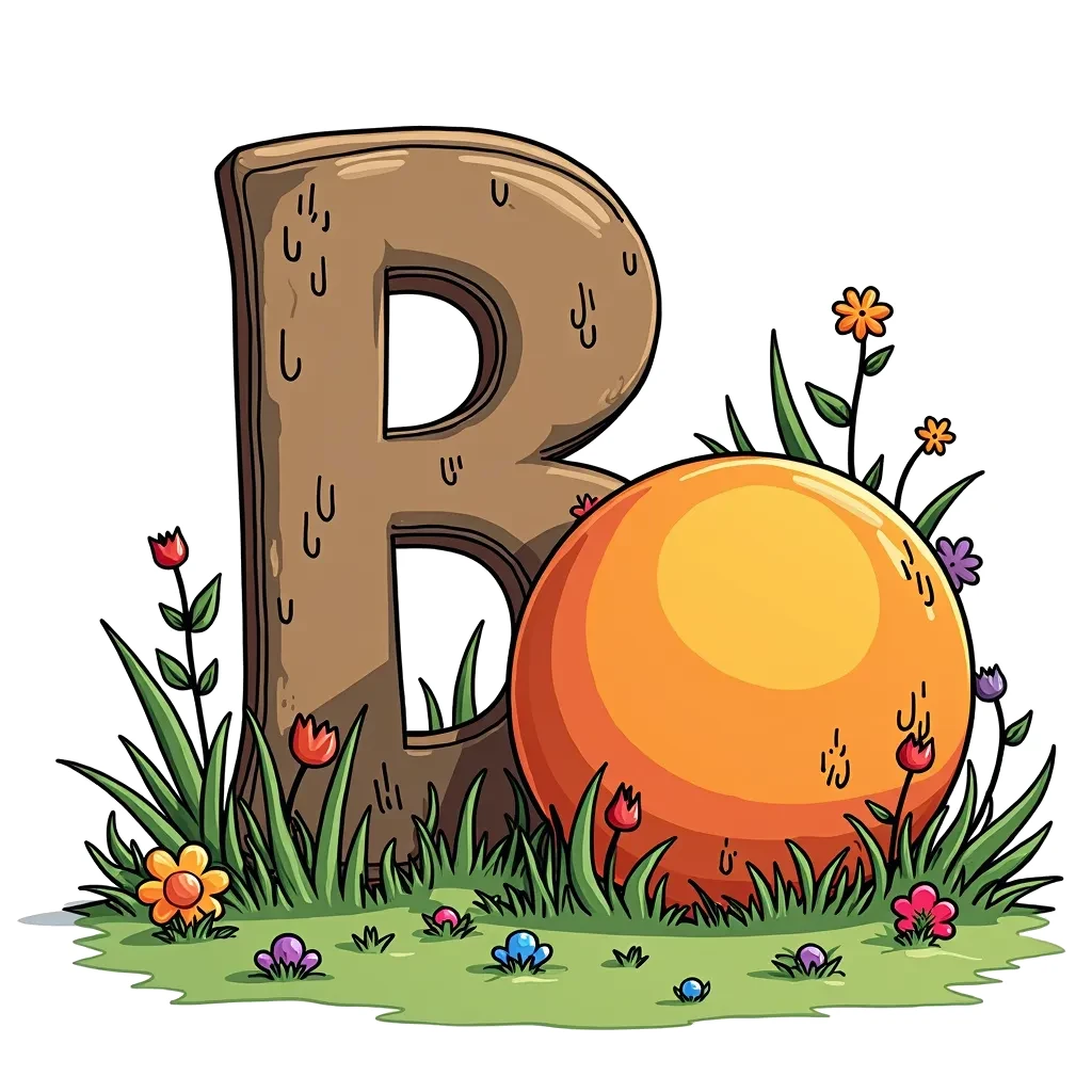 Coloring Page (colored): B is for Ball - The letter 'B' is playfully leaning against a bright orange ball, surrounded by grass and small flowers.