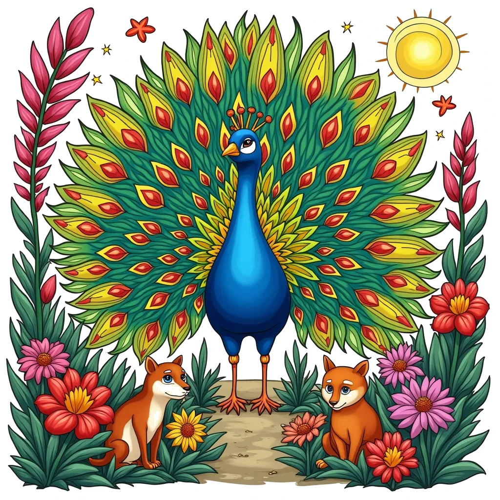 Coloring Page (colored): Peacock's Colorful Show - A dazzling peacock spreads its magnificent feathers in a garden filled with vibrant flowers and curious animals watching in awe. The sun shines brightly, enhancing the colors.