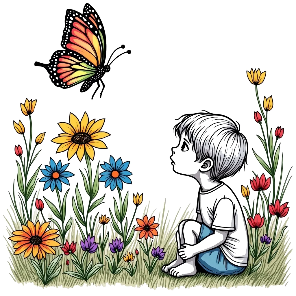 Coloring Page (colored): Butterfly Garden - A colorful butterfly fluttering above a garden filled with bright flowers, while a child sits nearby, trying to catch a glimpse of its delicate wings.