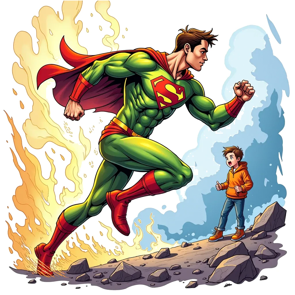 Coloring Page (colored): The Fastest Hero - A superhero running at lightning speed, leaving a trail of energy behind, with a shocked onlooker watching.