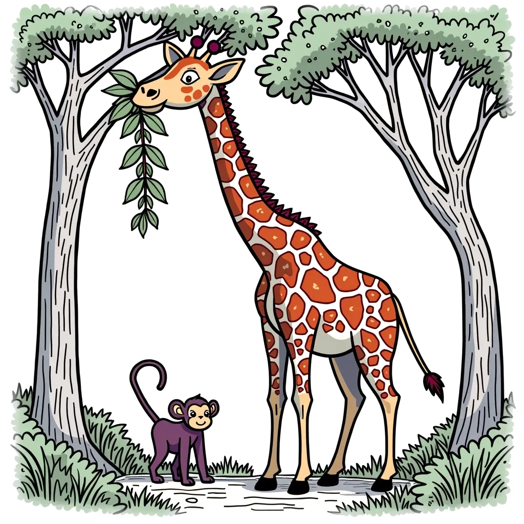 Coloring Page (colored): Giraffe's Leafy Snack - A tall giraffe stretching its neck to reach high branches, munching on fresh leaves. A curious little monkey is watching from a nearby tree.