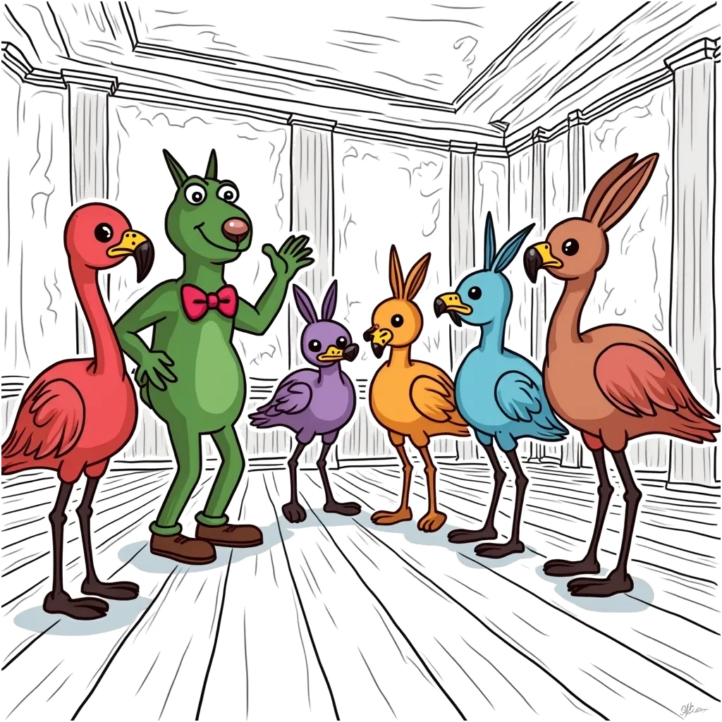 Coloring Page (colored): The Choreographer's Dance Class - A lively choreographer teaching a group of eager animals how to dance in a spacious studio with mirrors. Animals like flamingos and bunnies are trying to follow along with amusing expressions.