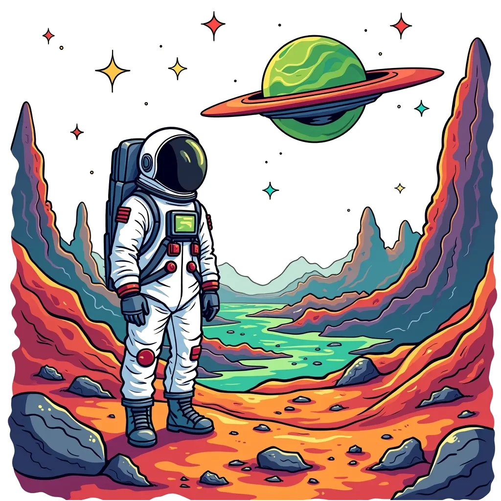 Coloring Page (colored): Astronaut on a Planet - An astronaut stands on the surface of a colorful alien planet, gazing at the stars with a futuristic spaceship in the background.