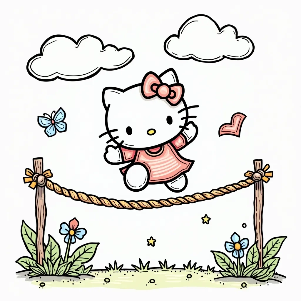 Coloring Page (colored): Hello Kitty Jumping Rope - Create a scene of Hello Kitty happily jumping rope in a sunny park, surrounded by colorful flowers, with friendly bunnies cheering her on.