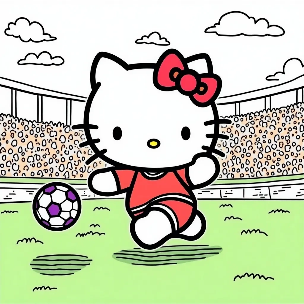 Coloring Page (colored): Hello Kitty at the Football Field - Show Hello Kitty enthusiastically playing football, dressed in a cool jersey and holding a vibrant football, with a cheering crowd and festive decorations around.