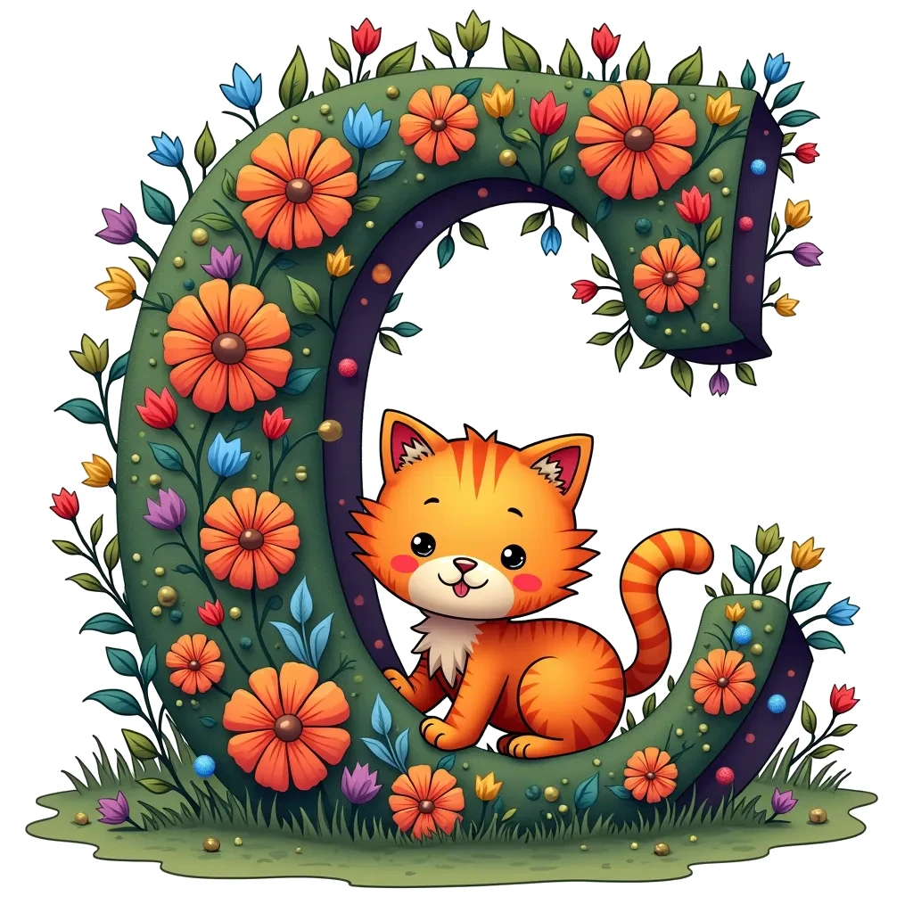 Coloring Page (colored): C is for Cat - A charming letter 'C' curls around a cute orange cat, who is playfully waiting to pounce.