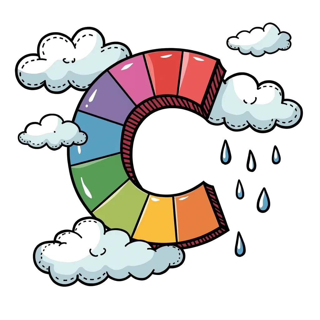 Coloring Page (colored): C is for Cloud - The letter C floating in the sky with a fluffy white cloud beside it, with raindrops gently falling from the cloud.