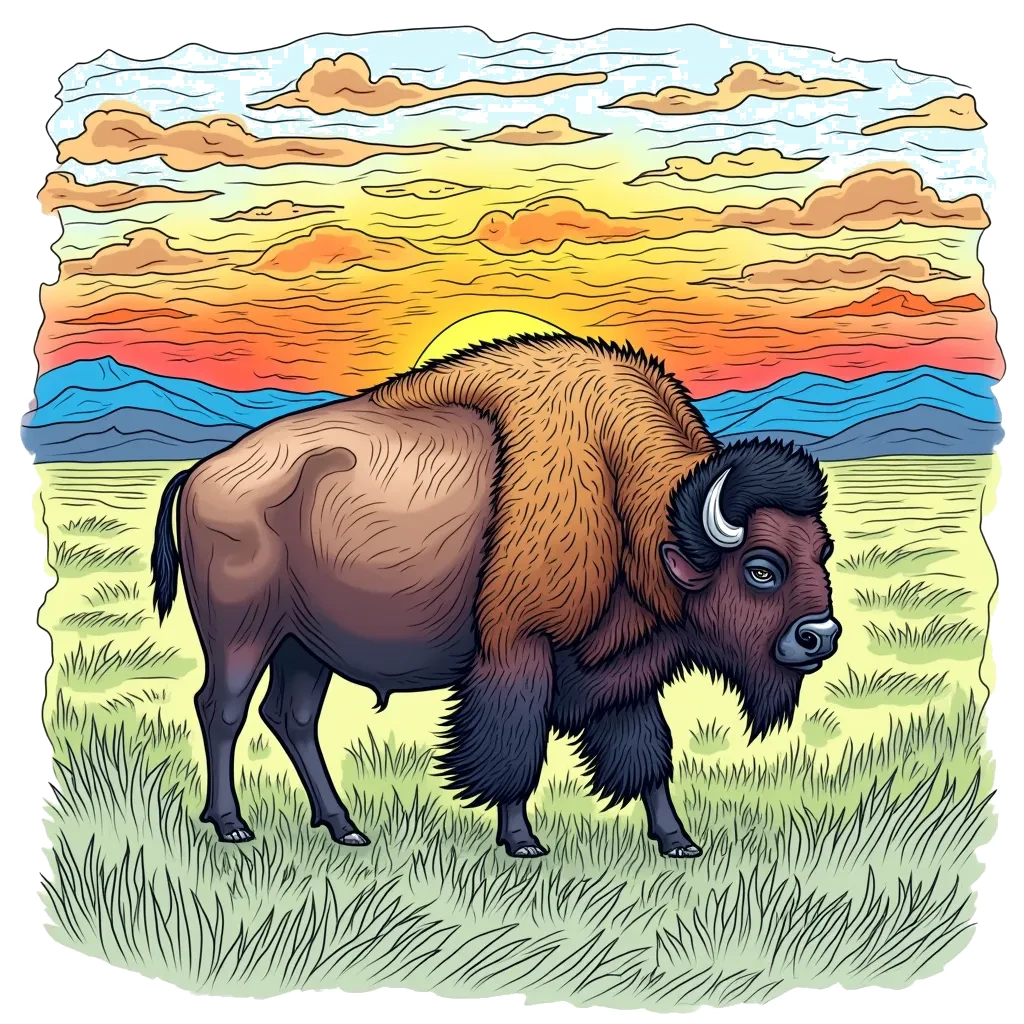 Coloring Page (colored): Bison Migration - A bison wandering across a vast prairie during a migration, with a sunset painting the sky in vibrant colors.