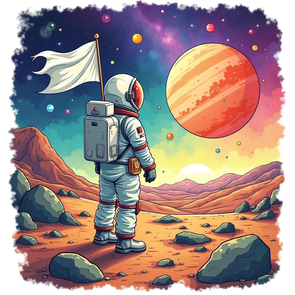Coloring Page (colored): Planetary Discovery - An astronaut stands on the surface of a newly discovered planet, gazing up at a vibrant nebula while holding a flag to claim the planet for Earth.