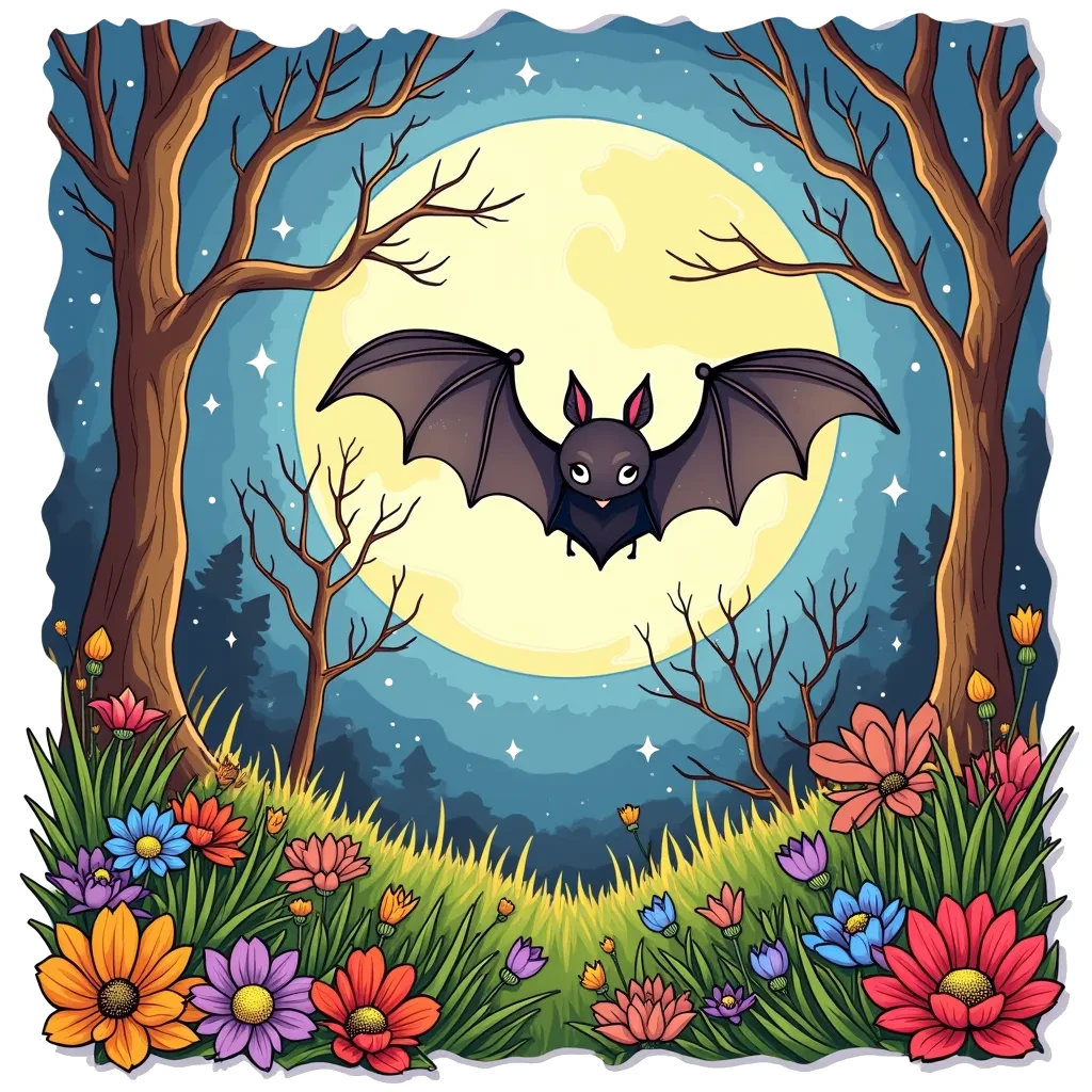 Coloring Page (colored): Bat Flying over a Moonlit Forest - A bat flies gracefully over a moonlit forest, with trees silhouetted against the glowing moon and twinkling stars in the sky.