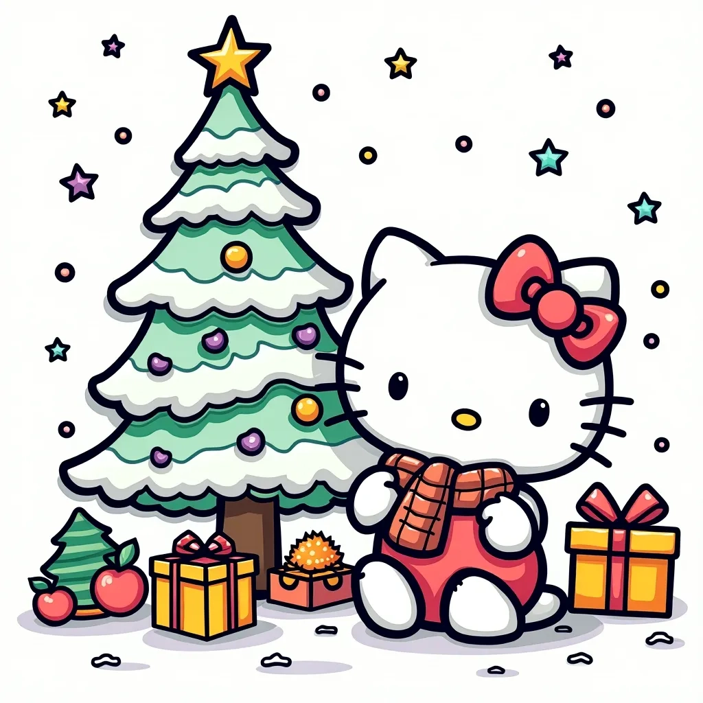 Coloring Page (colored): Hello Kitty Decorating a Christmas Tree - Hello Kitty decorating a large snowy Christmas tree, glimmering with colorful ornaments and sparkling lights, with her friends helping in the background.