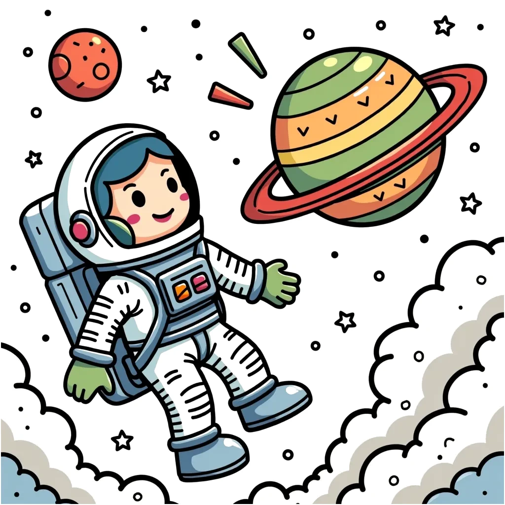 Coloring Page (colored): Astronaut and the Planet - An astronaut floats in space, looking at a colorful planet with rings. The planet has a friendly face and is winking at the astronaut.