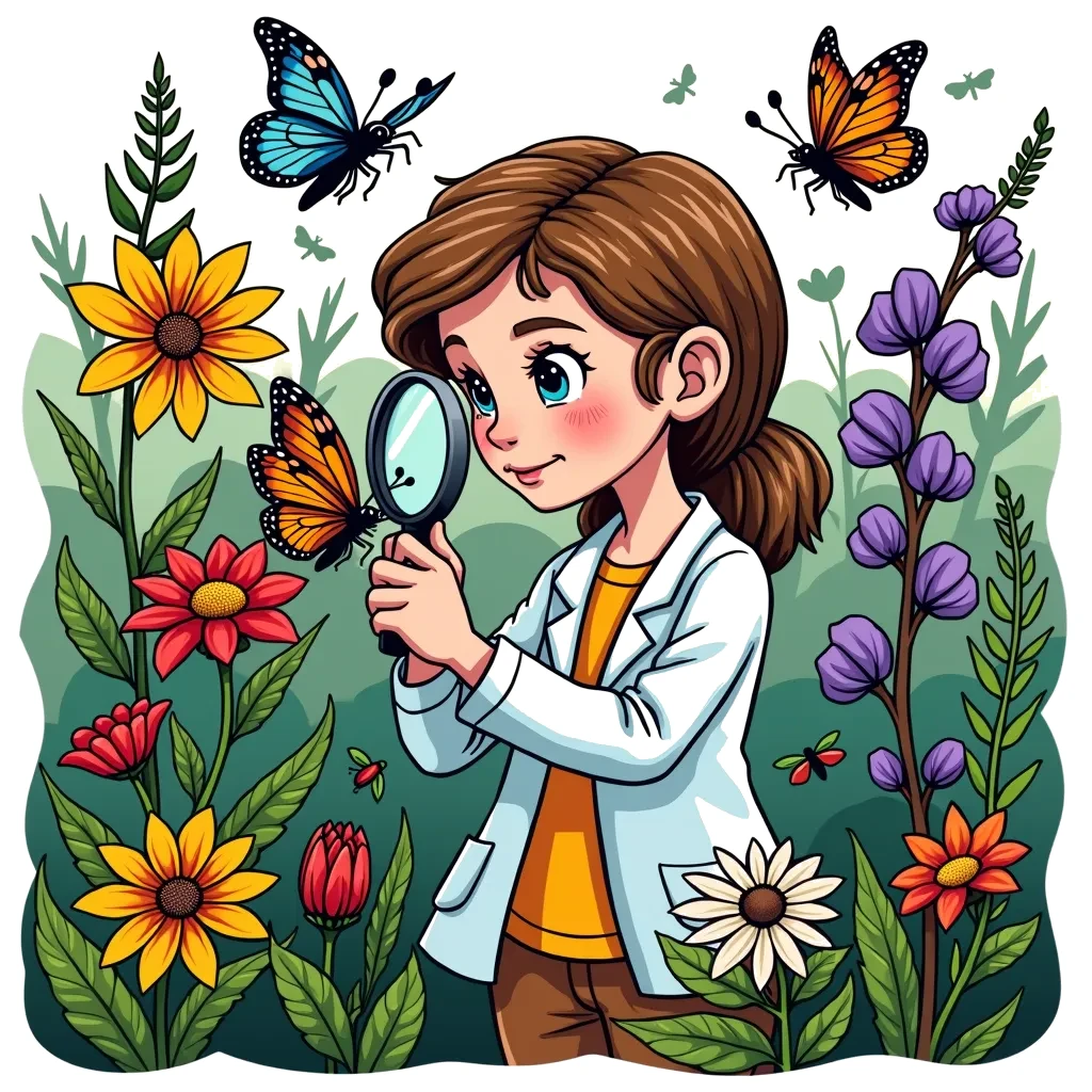 Coloring Page (colored): Biologist in the Field - A biologist is studying a butterfly on a flower, with a magnifying glass in hand. The background features a bright garden filled with plants and insects.