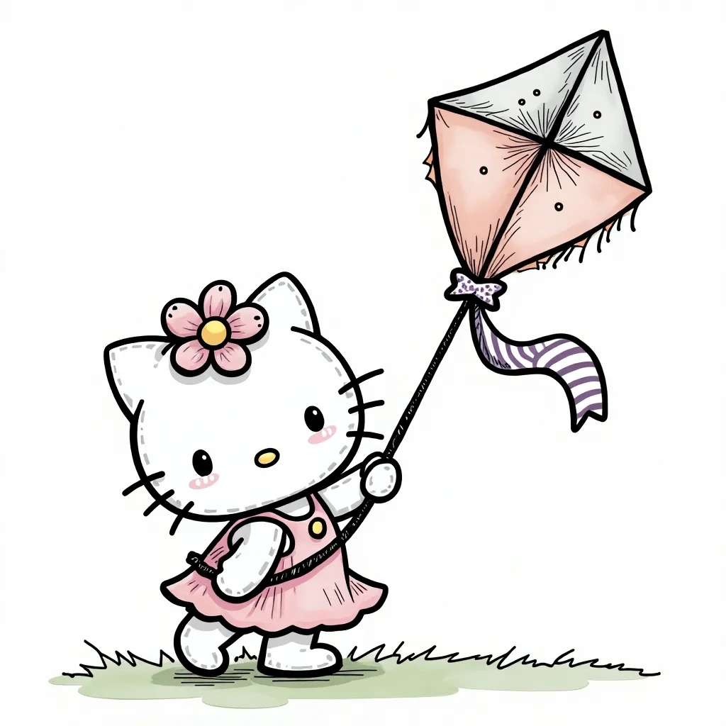 Coloring Page (colored): Hello Kitty Flying a Kite - Show Hello Kitty joyfully flying a large, colorful kite in a bright blue sky with fluffy clouds, enjoying the gentle breeze on a sunny day.