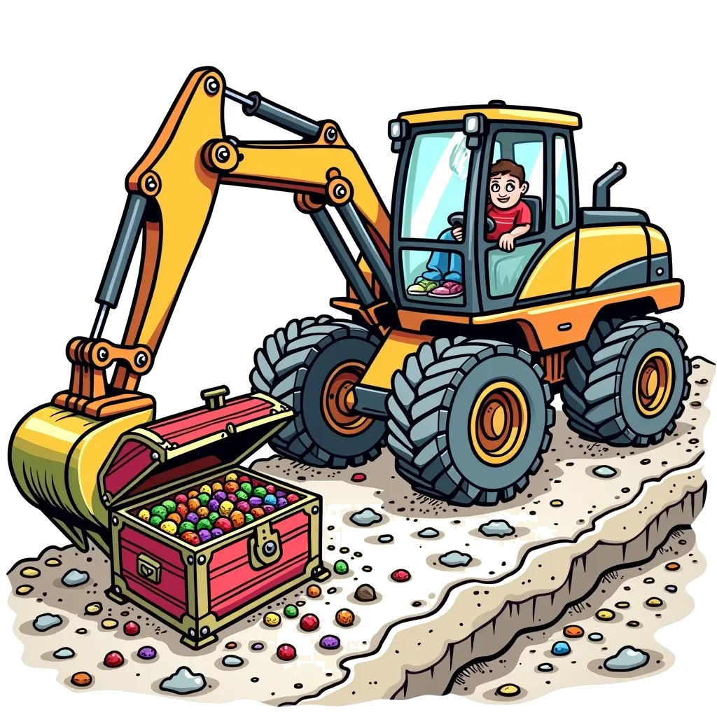 Coloring Page (colored): Digging for Treasure - An adventurous excavator discovers a colorful treasure chest while digging, with a curious bulldozer peeking over the mound of dirt to see what's inside.