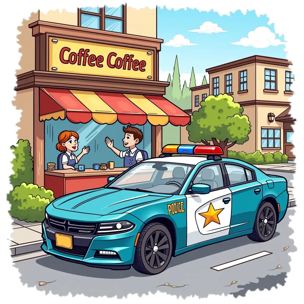 Coloring Page (colored): Emergency Response - Show a police car with flashing lights parked in front of a coffee shop, while a friendly barista waves to the officer inside as they enjoy their morning coffee break.
