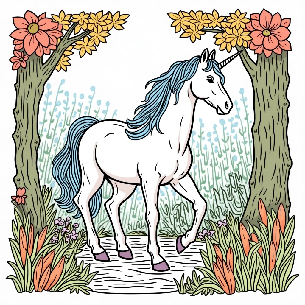 Coloring Page (colored): Unicorn and the Enchanted Forest - A unicorn wandering through an enchanted forest with luminescent flowers and trees that look like they are made of candy.