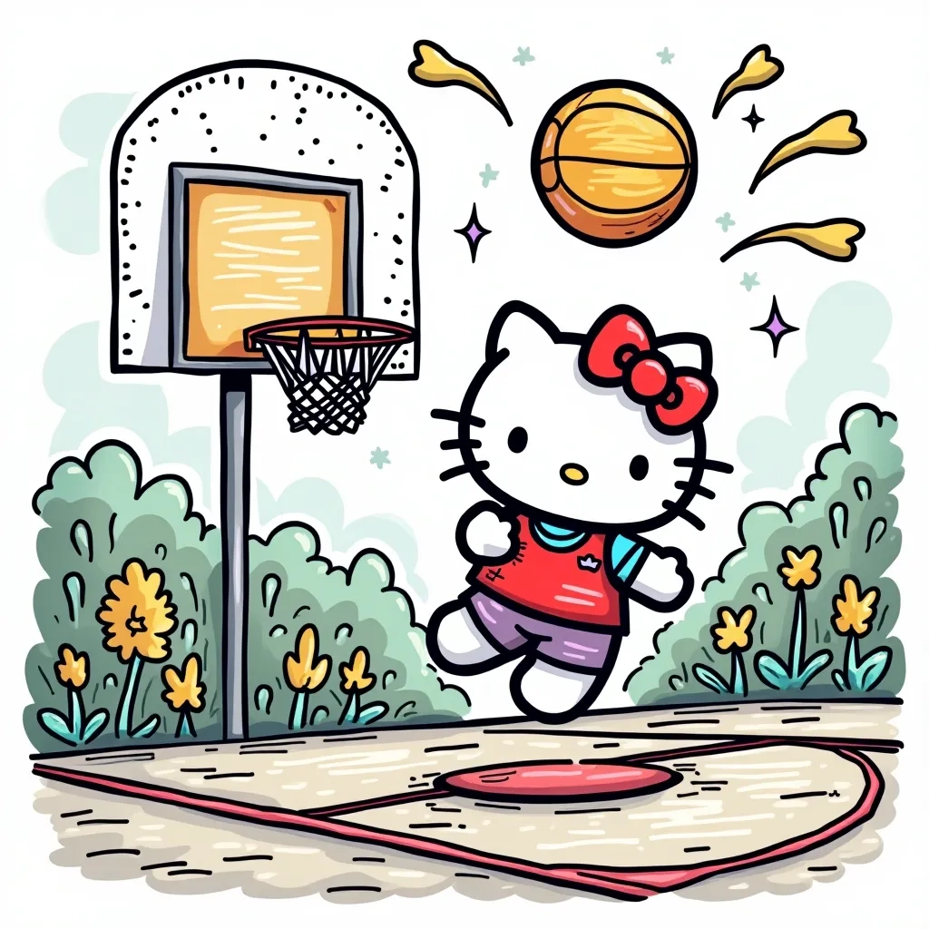 Coloring Page (colored): Hello Kitty at the Basketball Court - Depict Hello Kitty shooting hoops on an exciting basketball court, dressed in a turquoise jersey, surrounded by cheering friends, with a bright orange basketball and colorful banners in the background.