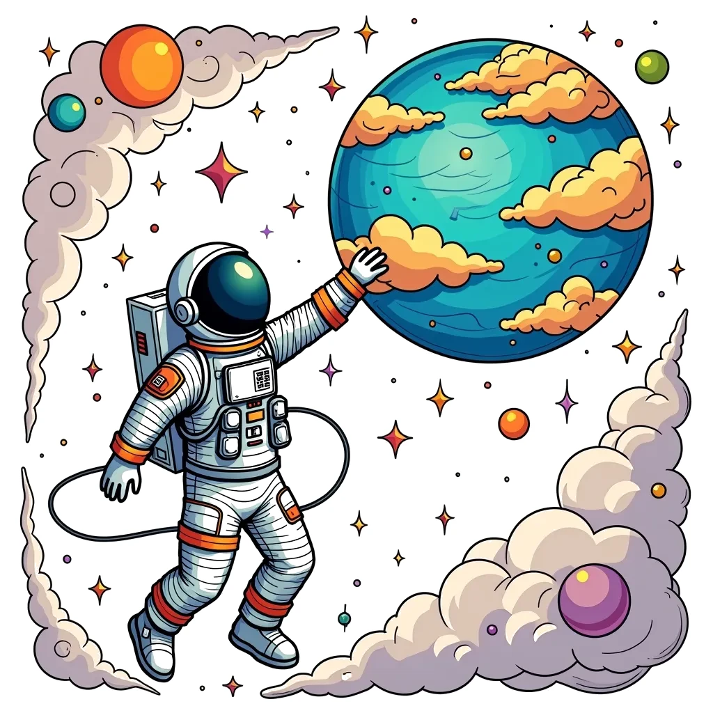 Coloring Page (colored): Astronaut and the Blue Planet - An astronaut floating in space, reaching out to touch a vibrant blue planet that has swirling clouds. Stars twinkle in the background, creating a universe of wonder.