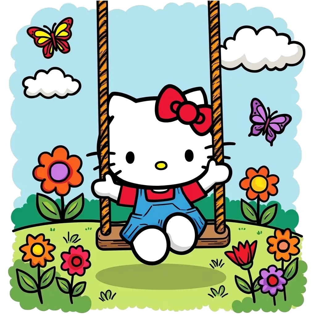 Coloring Page (colored): Hello Kitty at the Swing - Illustrate Hello Kitty having fun swinging on a bright, colorful swing set in the playground. Around her, there are cheerful flowers and a blue sky with fluffy white clouds. Include a few butterflies fluttering about for added charm.