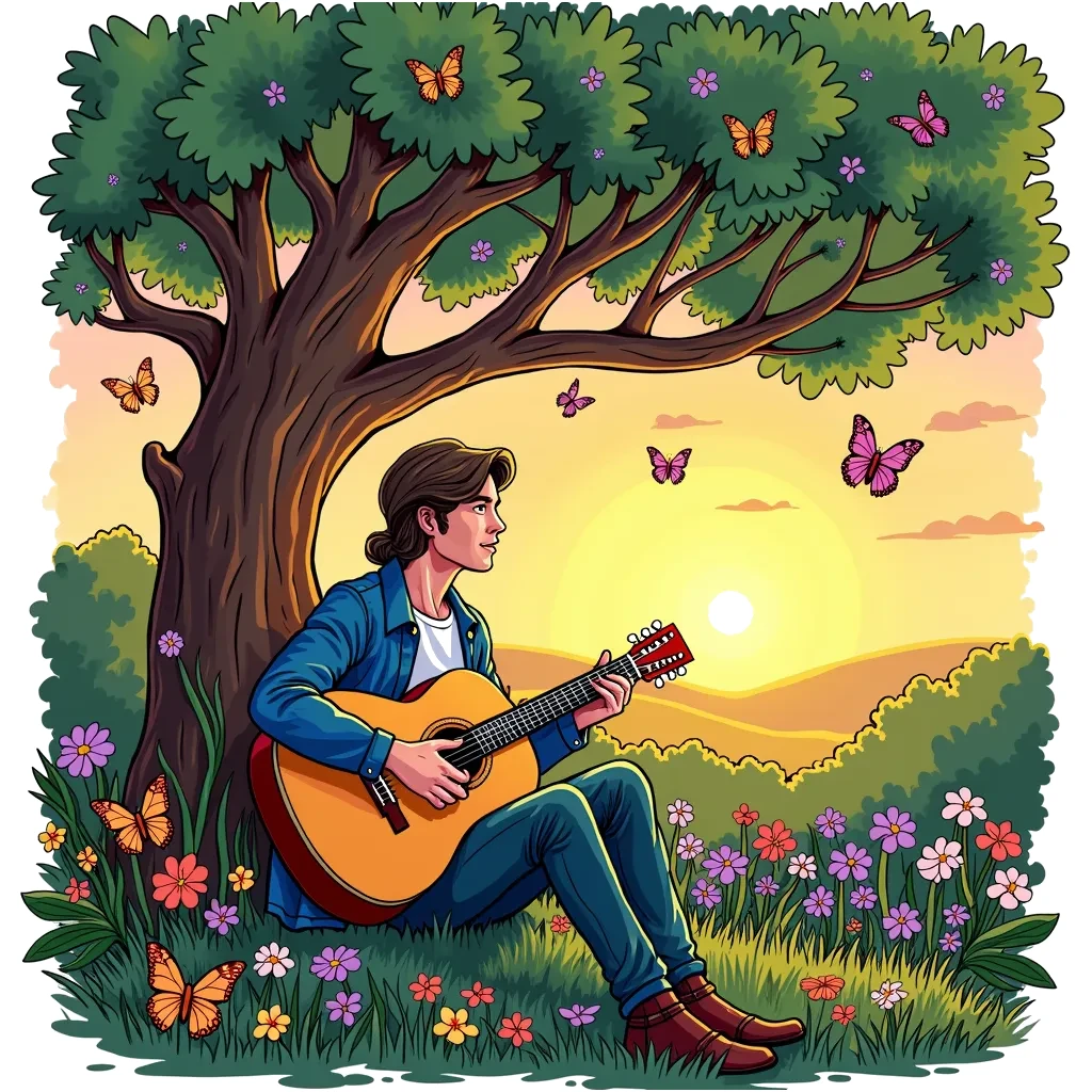 Coloring Page (colored): Guitar Serenade - A musician strumming a beautiful acoustic guitar under a big oak tree, surrounded by flowers and butterflies. The sun is setting, casting a warm glow around them.