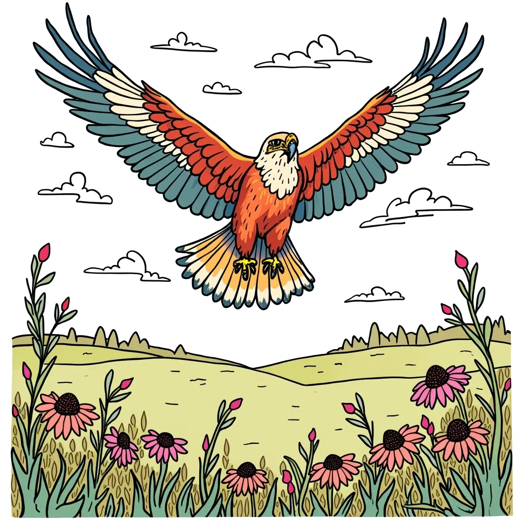 Coloring Page (colored): Hawk in Flight - A soaring hawk gliding through a bright sky, above an open field with other birds and wildflowers dotting the landscape below.
