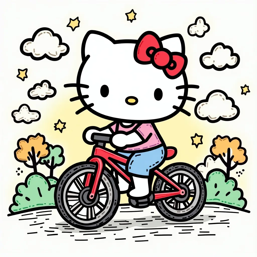 Coloring Page (colored): Hello Kitty Cycling - Create a scene of Hello Kitty joyfully riding a pink bicycle along a sunny path, with blooming cherry blossom trees and fluffy white clouds in a clear blue sky.