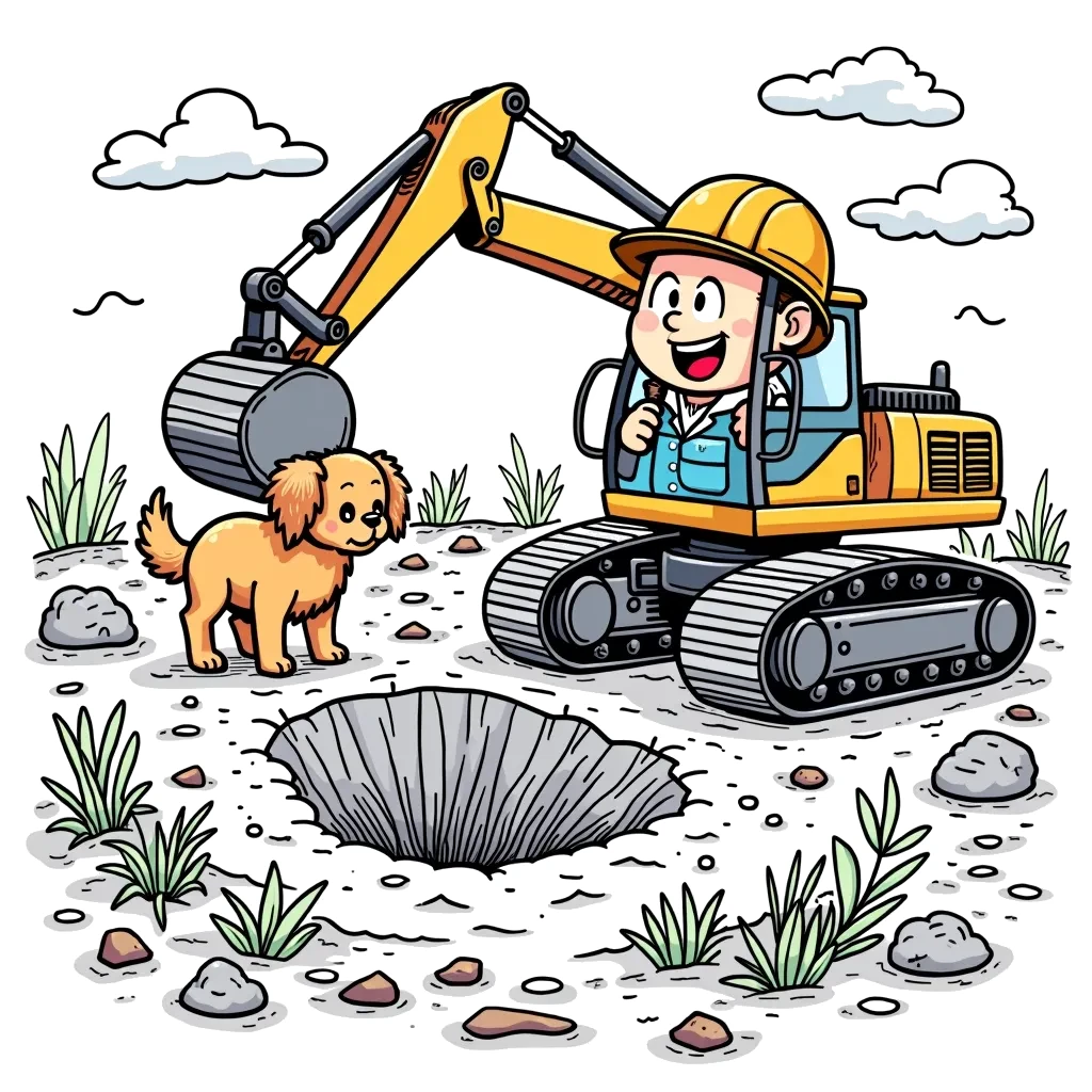 Coloring Page (colored): Excavator Adventure - An excited excavator is digging a big hole in the ground, with a fluffy puppy watching curiously nearby.