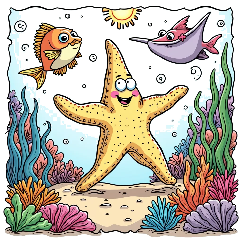Coloring Page (colored): The Starfish's Underwater Dance Party - A cheerful Starfish is hosting an underwater dance party. Colourful fish, a playful Manta Ray, and a curious Narwhal are all dancing joyfully around colorful coral reefs, with bubbles floating up and decorations made of seaweed. Everyone is having a blast!