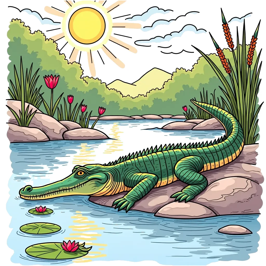 Coloring Page (colored): Crocodile by the Riverbank - A crocodile basking in the sun on a rocky riverbank, partially submerged in water, with some reeds and lily pads around, capturing the stillness of the river environment.