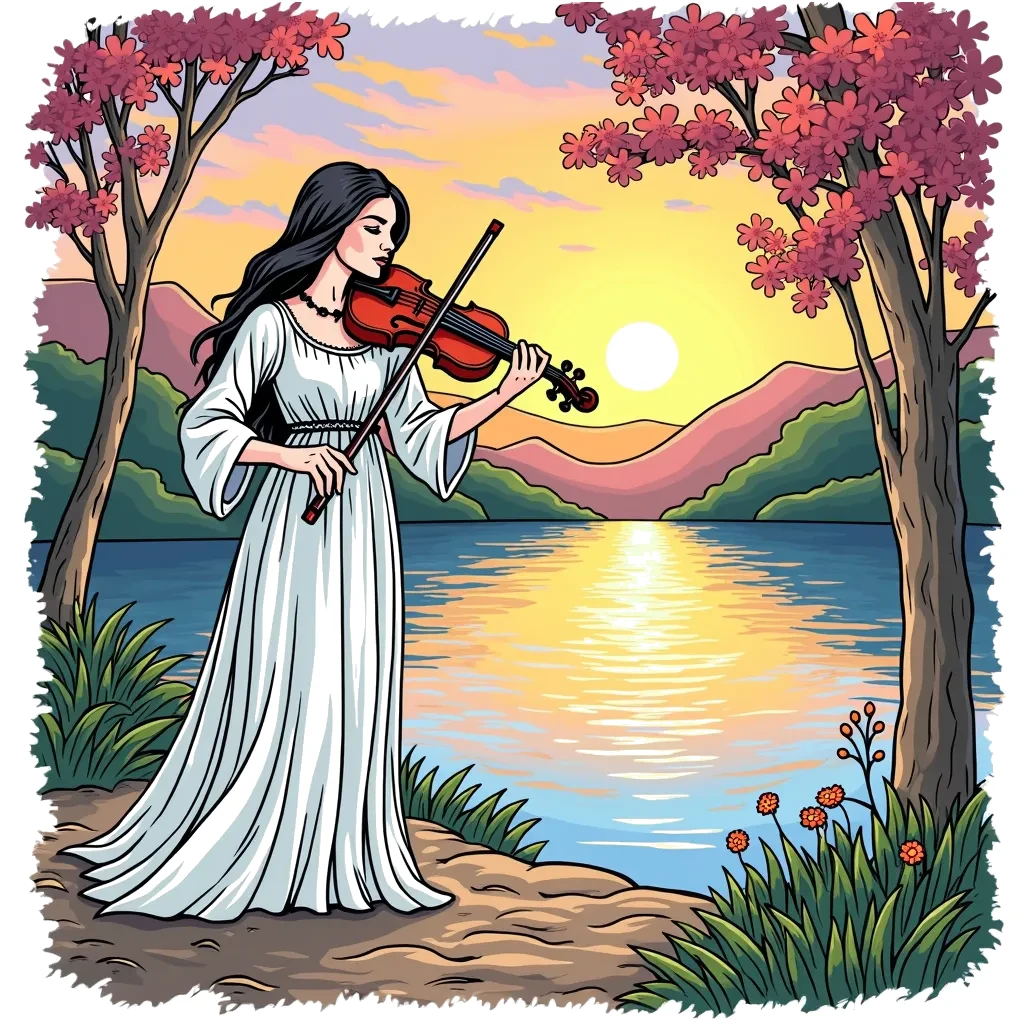 Coloring Page (colored): Violinist by the River - A violinist playing a haunting melody by the riverside at sunrise. Gentle ripples in the water reflect the soft morning light, creating a peaceful atmosphere.