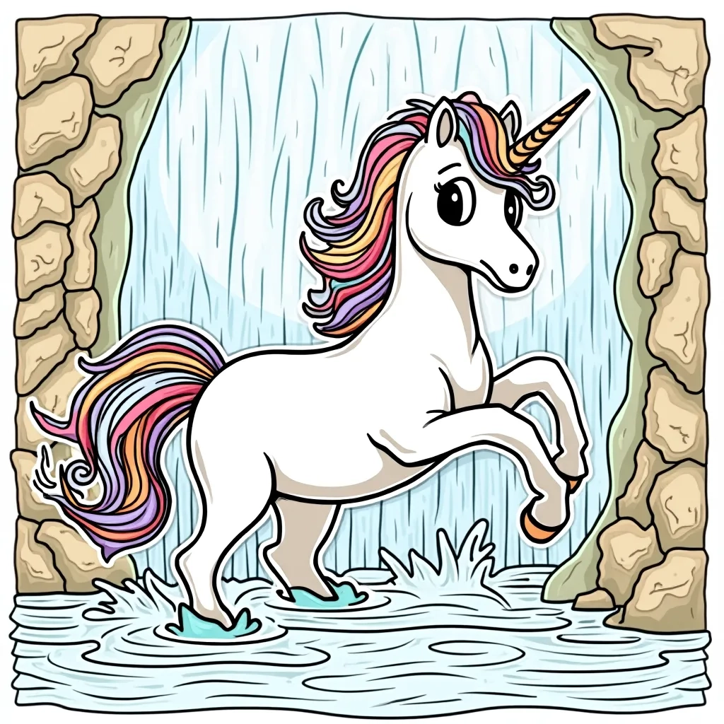 Coloring Page (colored): Unicorn Splashing in a Waterfall - A playful unicorn splashing through the water at the base of a majestic waterfall, with rainbow mist rising around it.