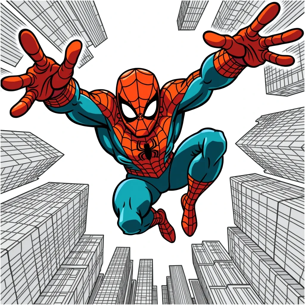 Coloring Page (colored): Web-Slinger Adventure - A superhero swings between skyscrapers on a web, with a city skyline below. The superhero wears a colorful costume, showcasing their agility and speed.