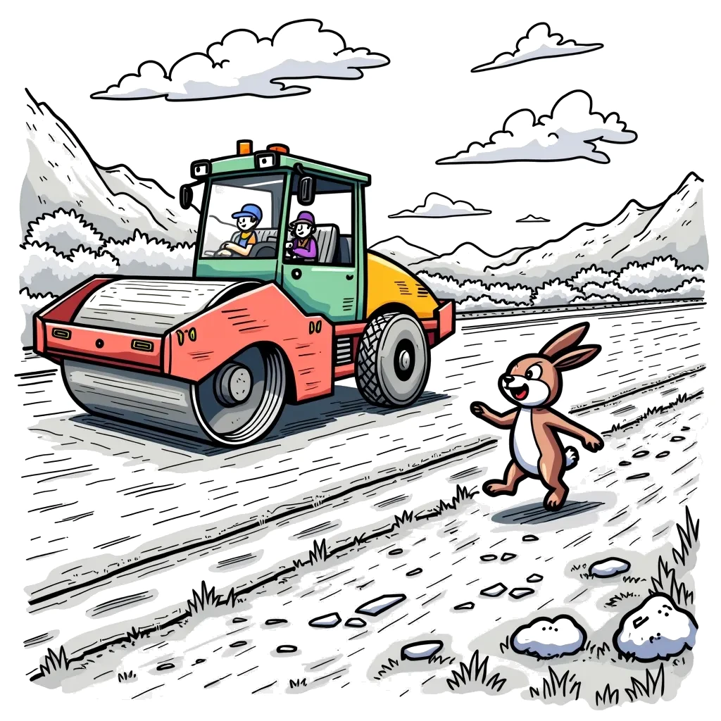 Coloring Page (colored): Road Roller Rollout - A road roller is flattening asphalt on a newly built road. An energetic rabbit hops nearby, excitedly watching the roller smooth out the surface for the cars that will soon drive over it.
