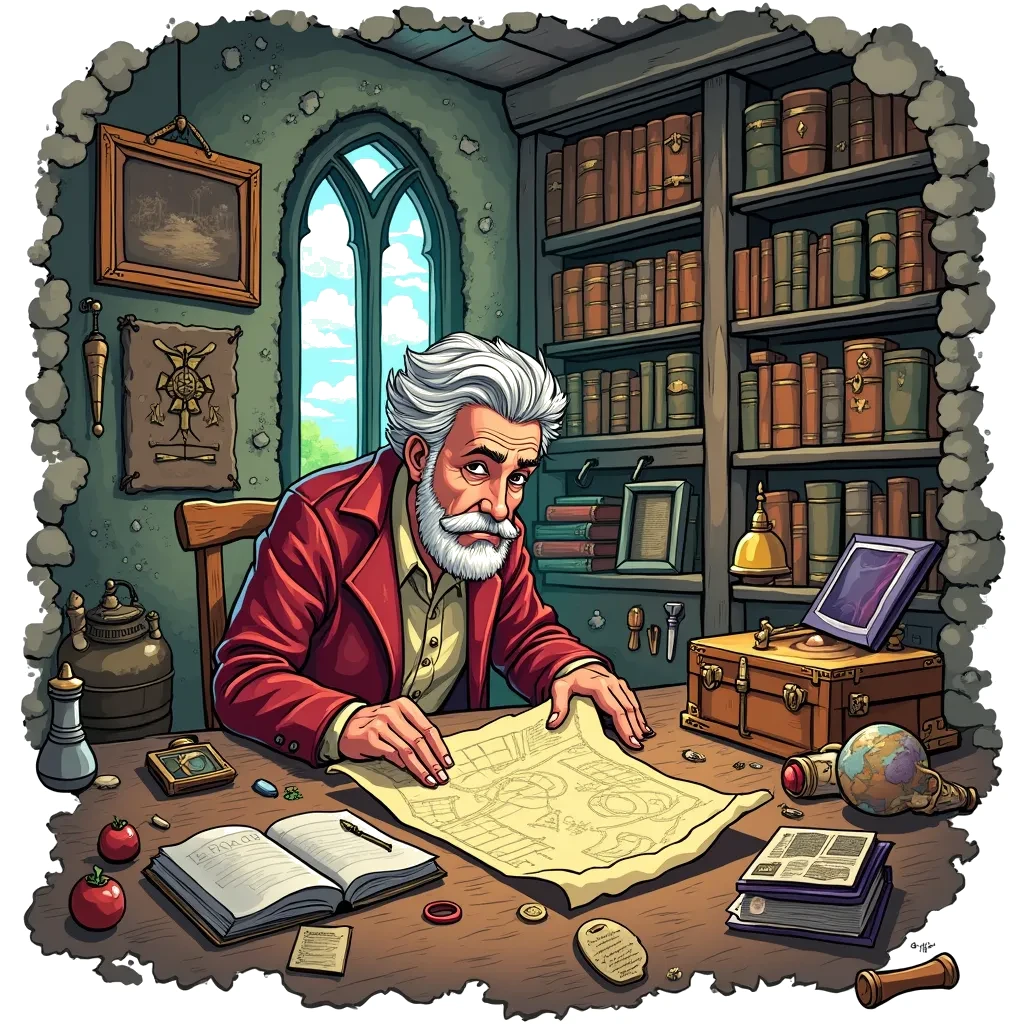 Coloring Page (colored): Historian's Adventure - A curious historian surrounded by ancient artifacts in a dusty old library, examining a mysterious map that leads to a hidden treasure.