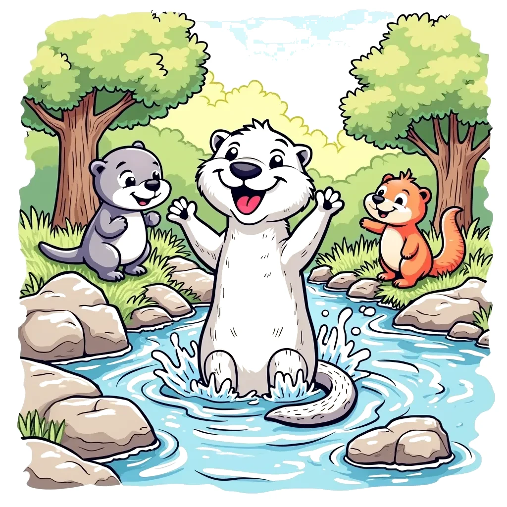 Coloring Page (colored): Otter's Splashing Fun - A playful scene where an otter is joyfully splashing in a river, surrounded by rocks and trees, while other animals watch and smile at the fun.