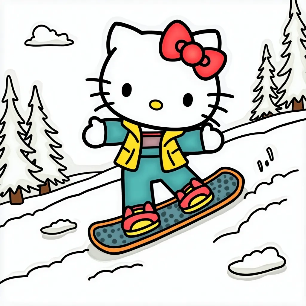 Coloring Page (colored): Hello Kitty Snowboarding - Depict Hello Kitty snowboarding down a snowy hill, wearing a bright winter jacket and colorful goggles, with trees and snowflakes surrounding her.