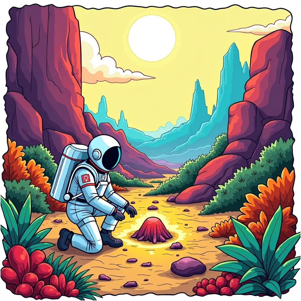 Coloring Page (colored): Astronaut on a New Planet - An astronaut explores the surface of a vibrant new planet, surrounded by colorful alien plants and strange rock formations. The astronaut kneels to examine an unusual glowing stone.