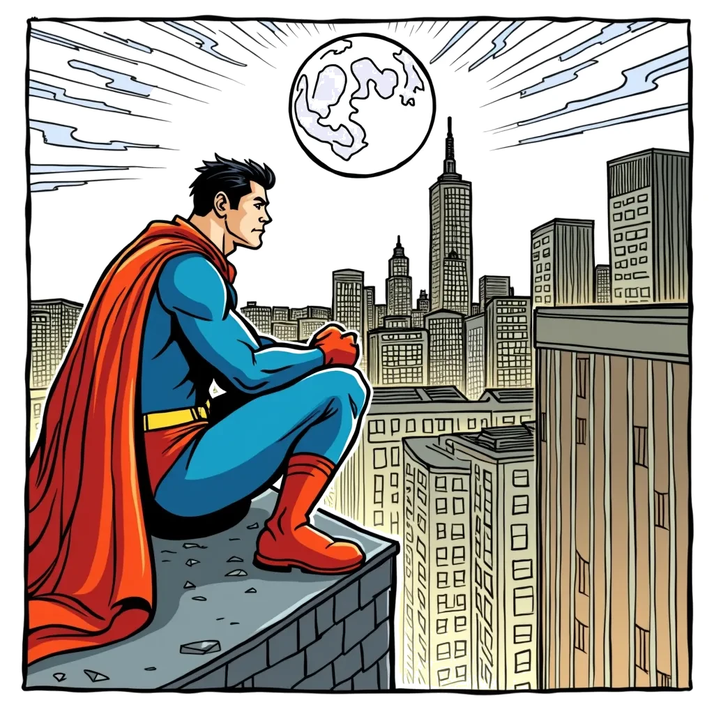 Coloring Page (colored): City Night Watch - A superhero perched on a rooftop overlooking the city skyline at night, ready to spring into action. The superhero wears a cape and has a serious expression, surrounded by tall buildings and a bright full moon.
