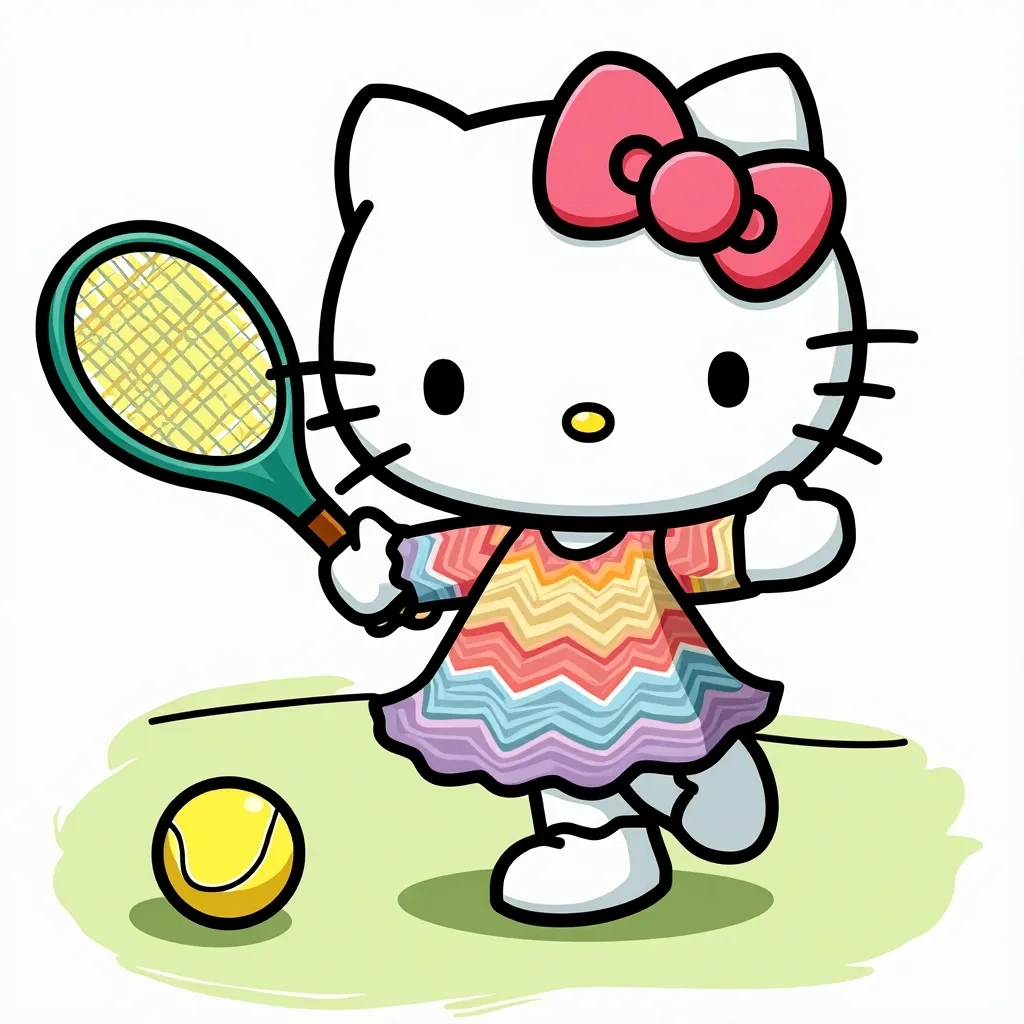 Coloring Page (colored): Hello Kitty Playing Tennis - Show Hello Kitty playing tennis on a lively court, dressed in a cute white tennis outfit, hitting a bright yellow tennis ball with a pink racket, under a sunny sky.