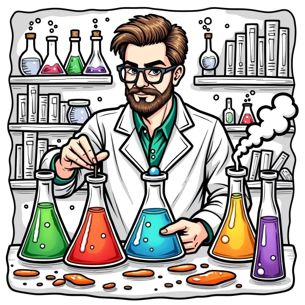 Coloring Page (colored): The Chemist's Lab - A chemist is mixing colorful liquids in beakers on a lab table, with bubbling reactions and smoke coming out. The background features shelves filled with various scientific instruments and books.